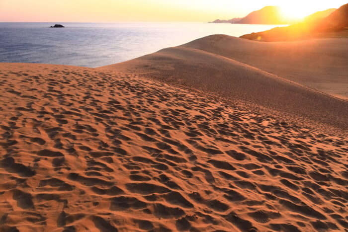 朝日を浴びる鳥取県の鳥取砂丘